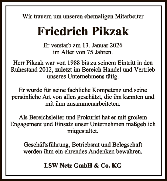 Traueranzeige von Friedrich Pikzak von IK