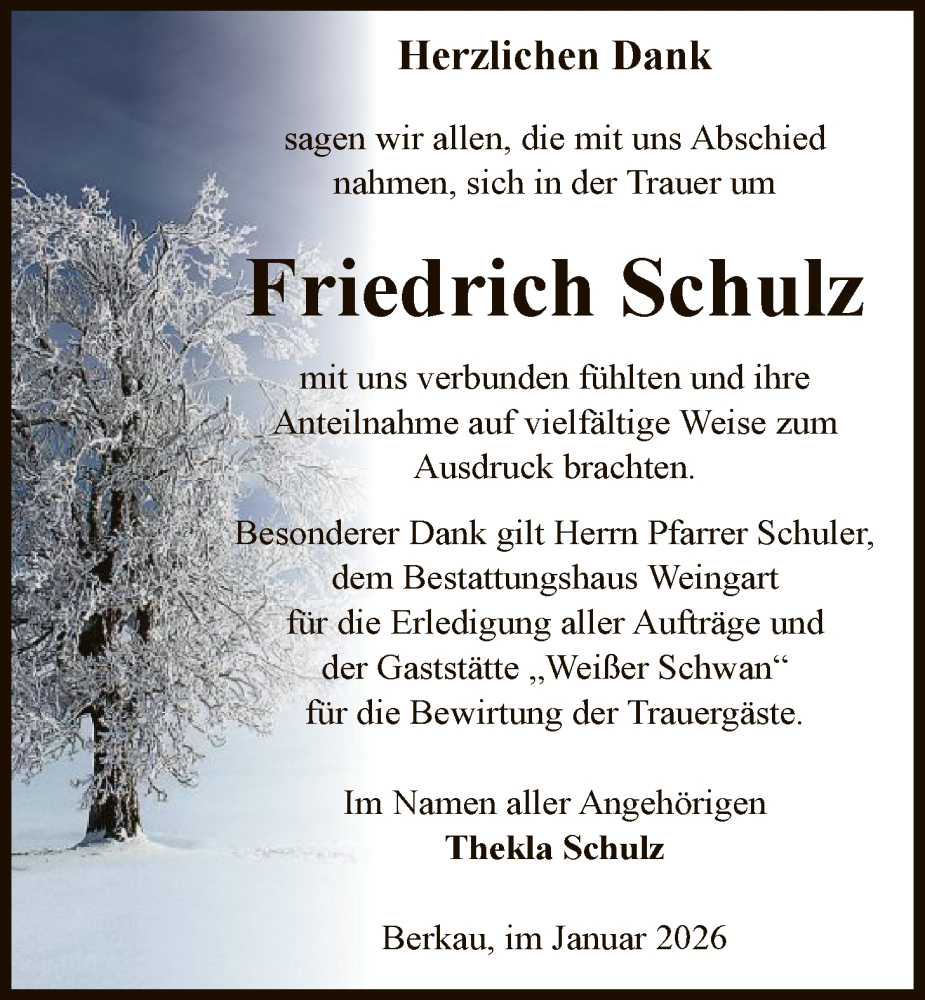  Traueranzeige für Friedrich Schulz vom 31.01.2026 aus AMZ