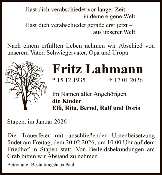 Traueranzeige von Fritz Lahmann von AMZ