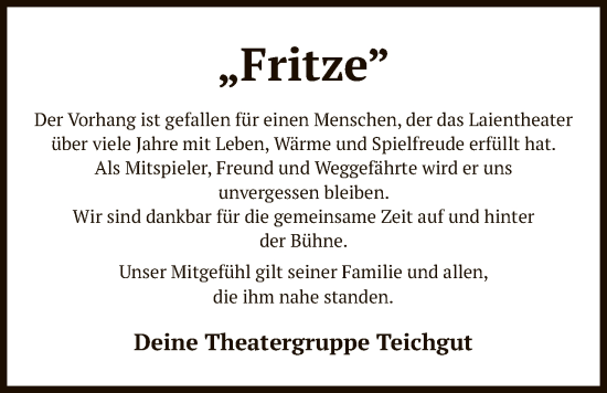 Traueranzeige von Fritze Fritze von IK