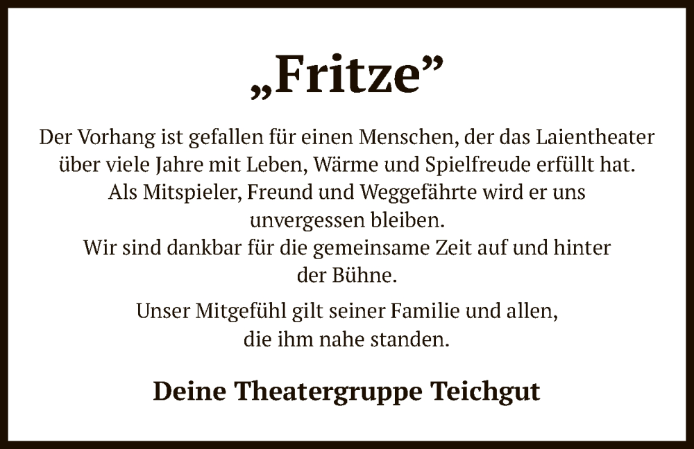  Traueranzeige für Fritze Fritze vom 30.01.2026 aus IK