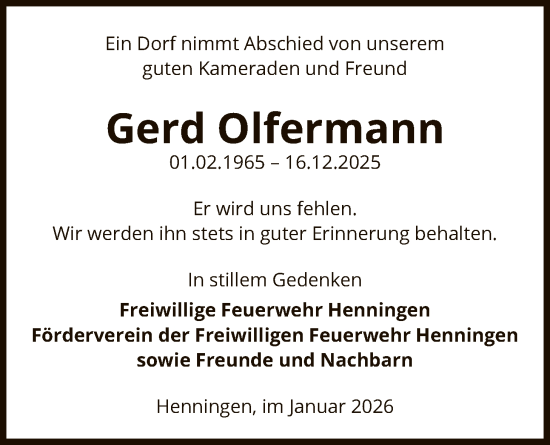 Traueranzeige von Gerd Olfermann von AMZ