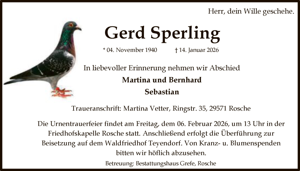  Traueranzeige für Gerd Sperling vom 24.01.2026 aus AZ