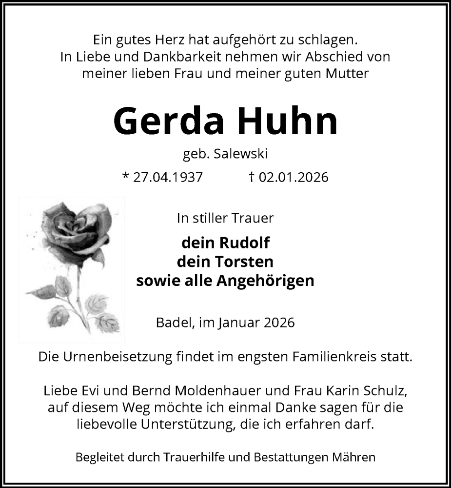  Traueranzeige für Gerda Huhn vom 13.01.2026 aus AMZ