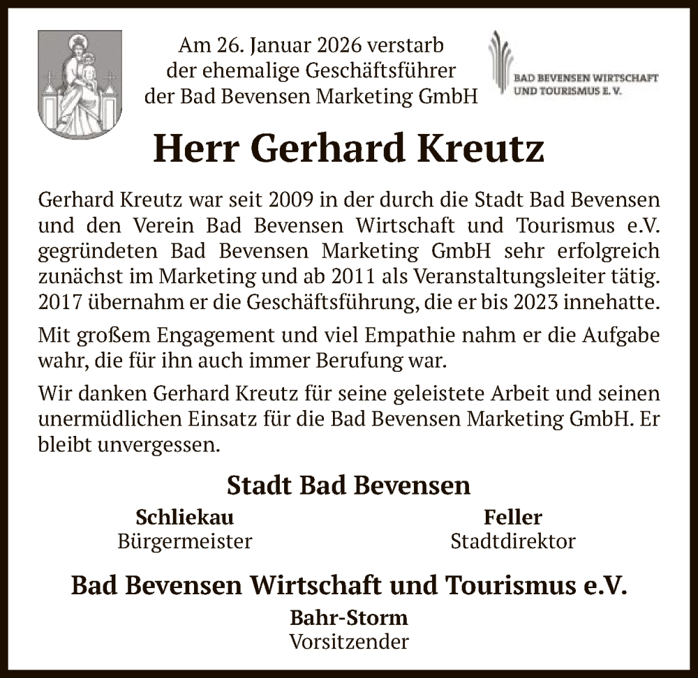  Traueranzeige für Gerhard Kreutz vom 31.01.2026 aus AZ