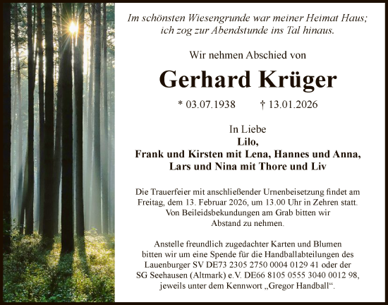 Traueranzeige von Gerhard Krüger von AMZ