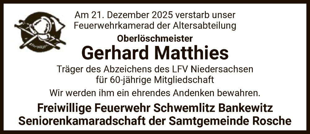  Traueranzeige für Gerhard Matthies vom 24.01.2026 aus AZ
