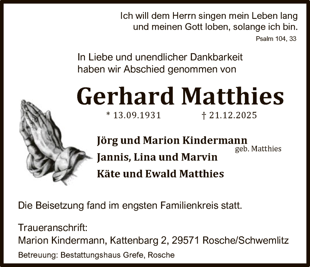  Traueranzeige für Gerhard Matthies vom 24.01.2026 aus AZ