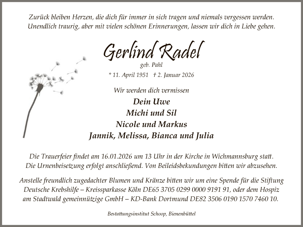  Traueranzeige für Gerlind Radel vom 10.01.2026 aus AZ