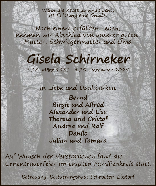 Traueranzeige von Gisela Schirneker von AZ