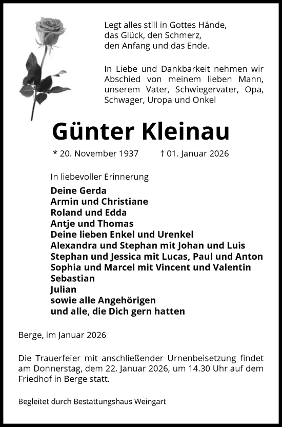 Traueranzeige von Günter Kleinau von AMZ