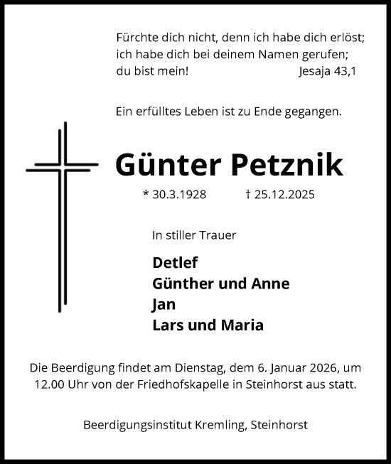 Traueranzeige von Günter Petznik von IK