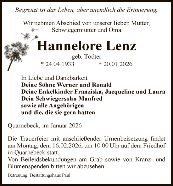 Traueranzeige von Hannelore Lenz von AMZ