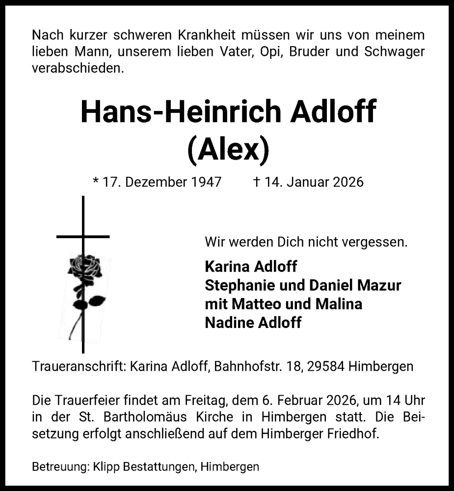  Traueranzeige für Hans-Heinrich Adloff vom 31.01.2026 aus AZ