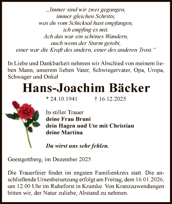 Traueranzeige von Hans-Joachim Bäcker von AMZ