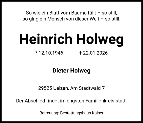 Traueranzeige von Heinrich Holweg von AZ