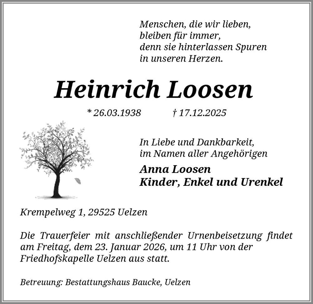  Traueranzeige für Heinrich Loosen vom 17.01.2026 aus AZ