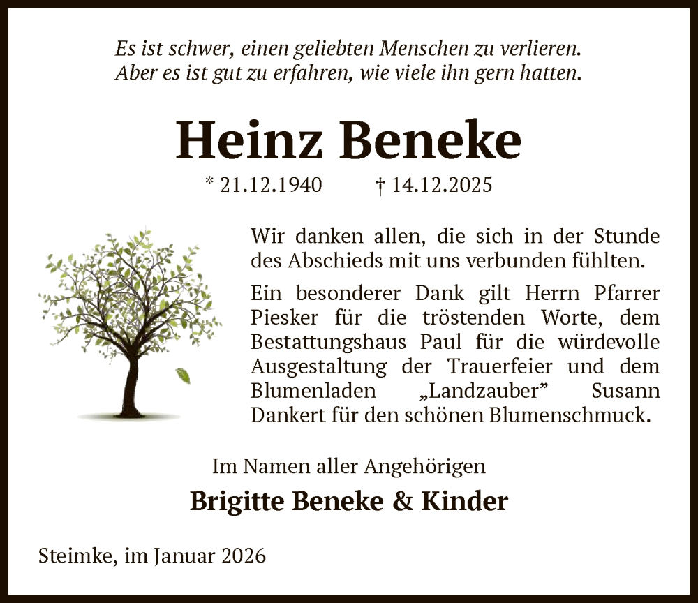  Traueranzeige für Heinz Beneke vom 30.01.2026 aus AMZ