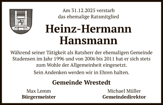 Traueranzeige von Heinz-Hermann Hansmann von AZ