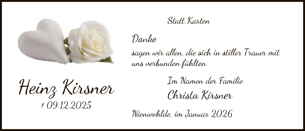  Traueranzeige für Heinz Kirsner vom 10.01.2026 aus AZ