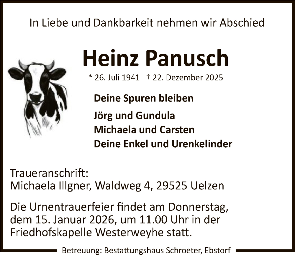  Traueranzeige für Heinz Panusch vom 03.01.2026 aus AZ
