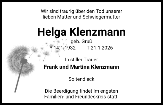 Traueranzeige von Helga Klenzmann von AZ