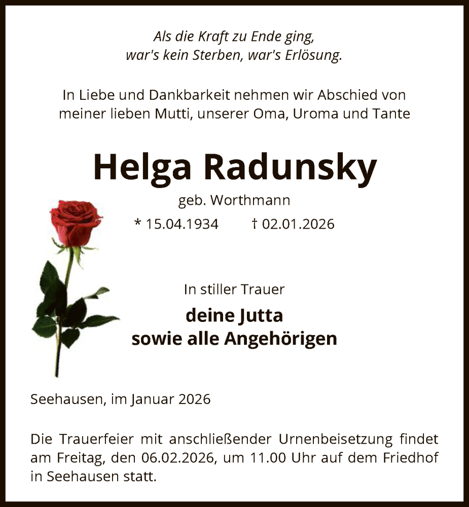  Traueranzeige für Helga Radunsky vom 31.01.2026 aus AMZ