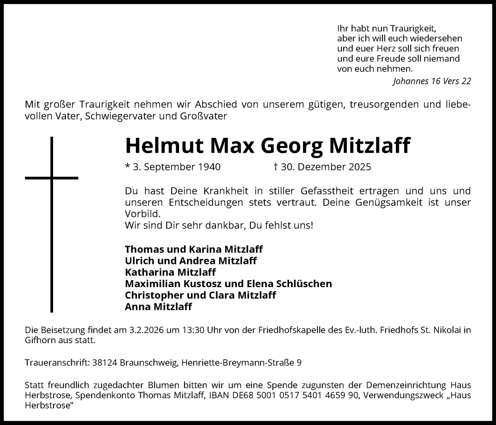  Traueranzeige für Helmut Max Georg Mitzlaff vom 10.01.2026 aus IK
