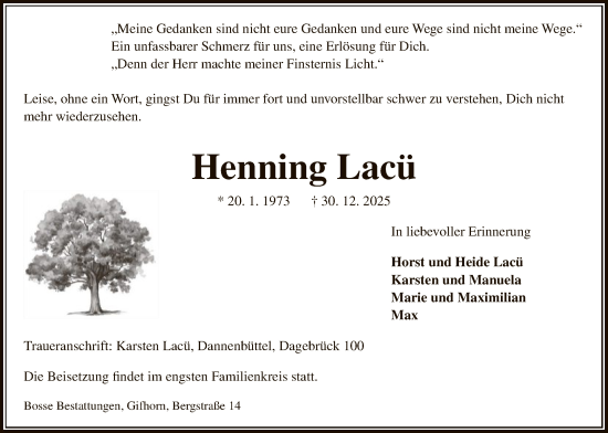 Traueranzeige von Henning Lacü von IK