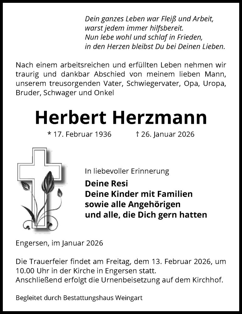  Traueranzeige für Herbert Herzmann vom 31.01.2026 aus AMZ