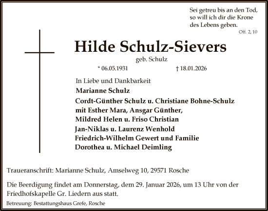Traueranzeige von Hilde Schulz-Sievers von AZ