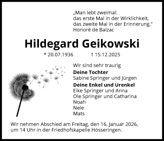 Traueranzeige von Hildegard Geikowski von AZ