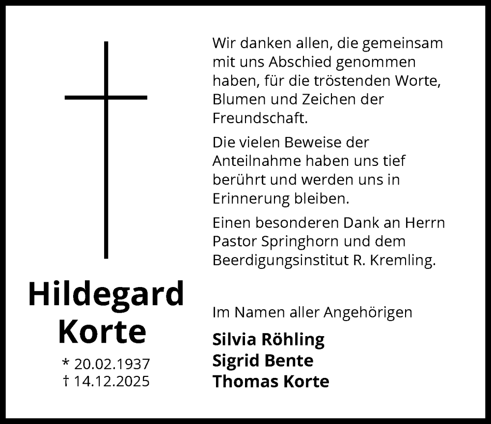  Traueranzeige für Hildegard Korte vom 10.01.2026 aus IK