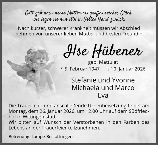 Traueranzeige von Ilse Hübener von IK