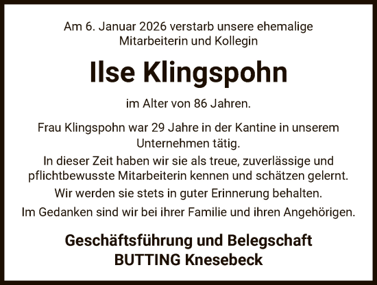 Traueranzeige von Ilse Klingspohn von IK