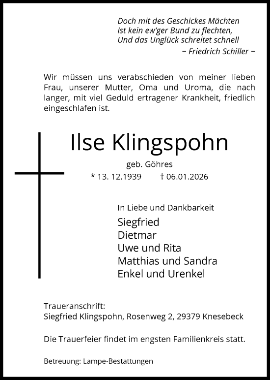 Traueranzeige von Ilse Klingspohn von IK