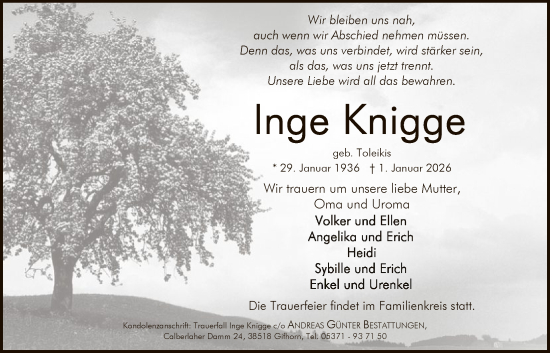 Traueranzeige von Inge Knigge von IK