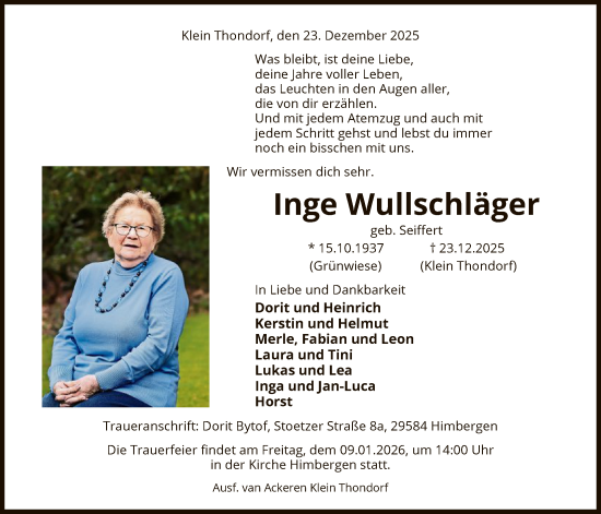 Traueranzeige von Inge Wullschläger von AZ