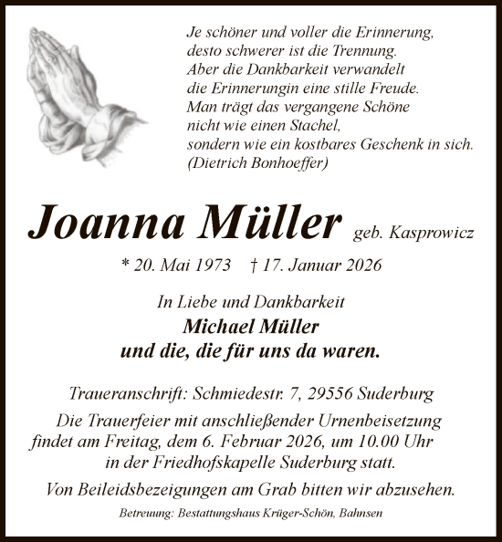 Traueranzeige von Joanna Müller von AZ
