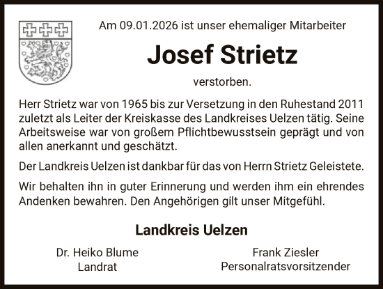 Traueranzeige von Josef Strietz von AZ