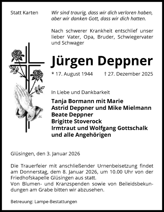 Traueranzeige von Jürgen Deppner von IK