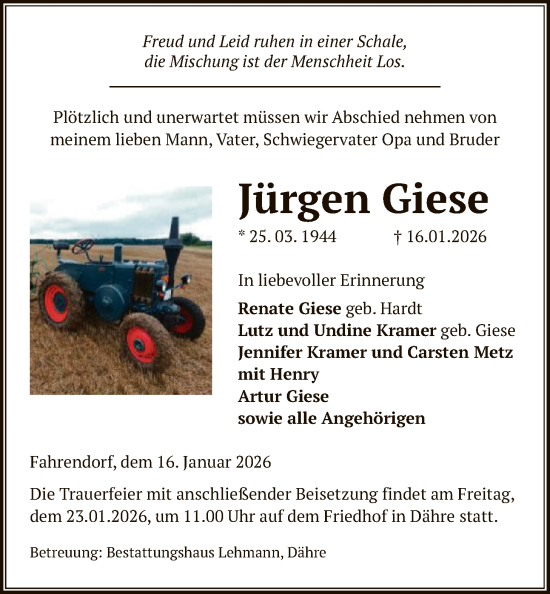 Traueranzeige von Jürgen Giese von AMZ