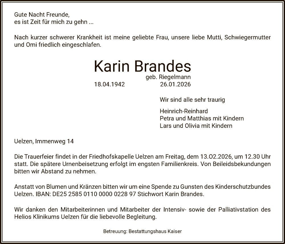  Traueranzeige für Karin Brandes vom 31.01.2026 aus AZ