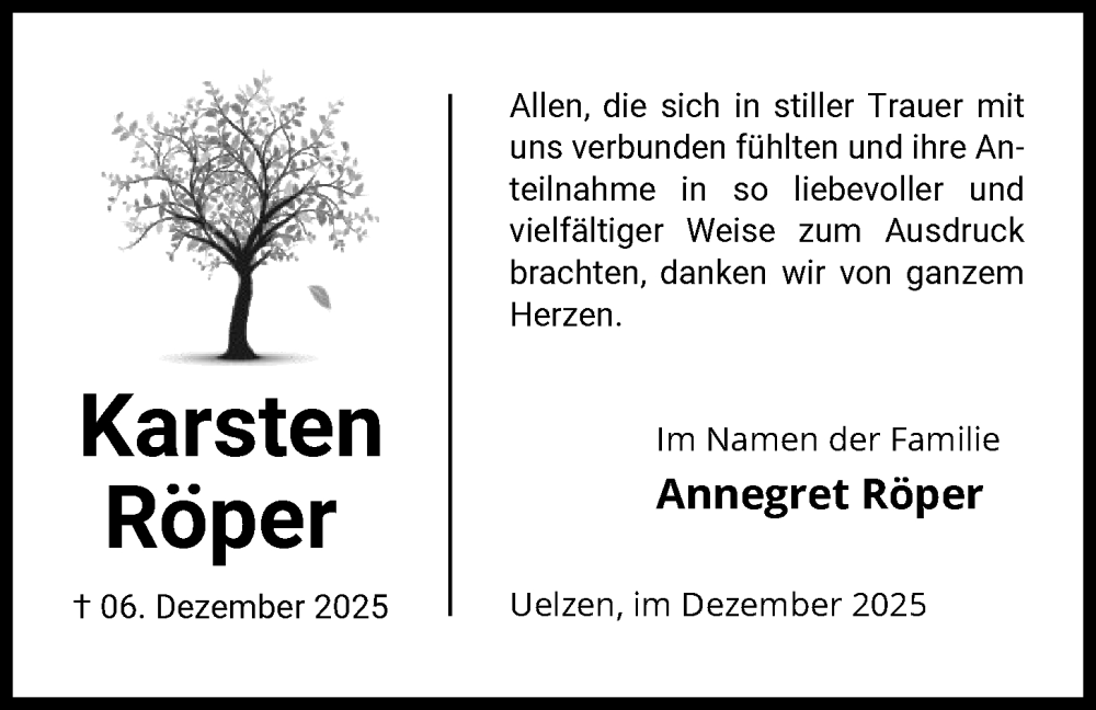  Traueranzeige für Karsten Röper vom 03.01.2026 aus AZ