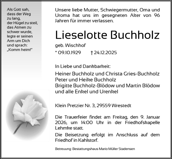 Traueranzeige von Lieselotte Buchholz von AZ