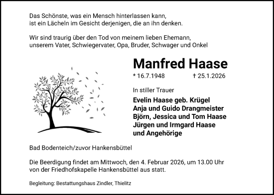 Traueranzeige von Manfred Haase von IK