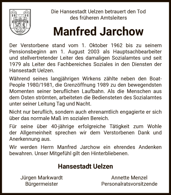Traueranzeige von Manfred Jarchow von AZ