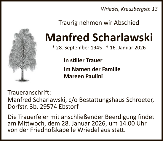 Traueranzeige von Manfred Scharlawski von AZ
