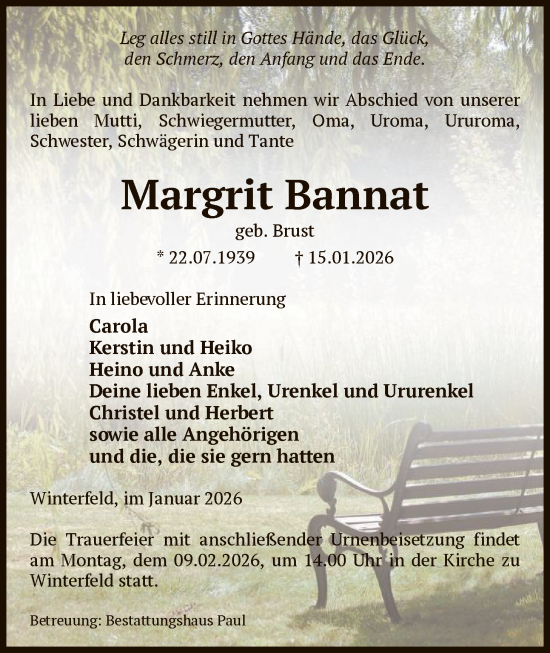 Traueranzeige von Margrit Bannat von AMZ