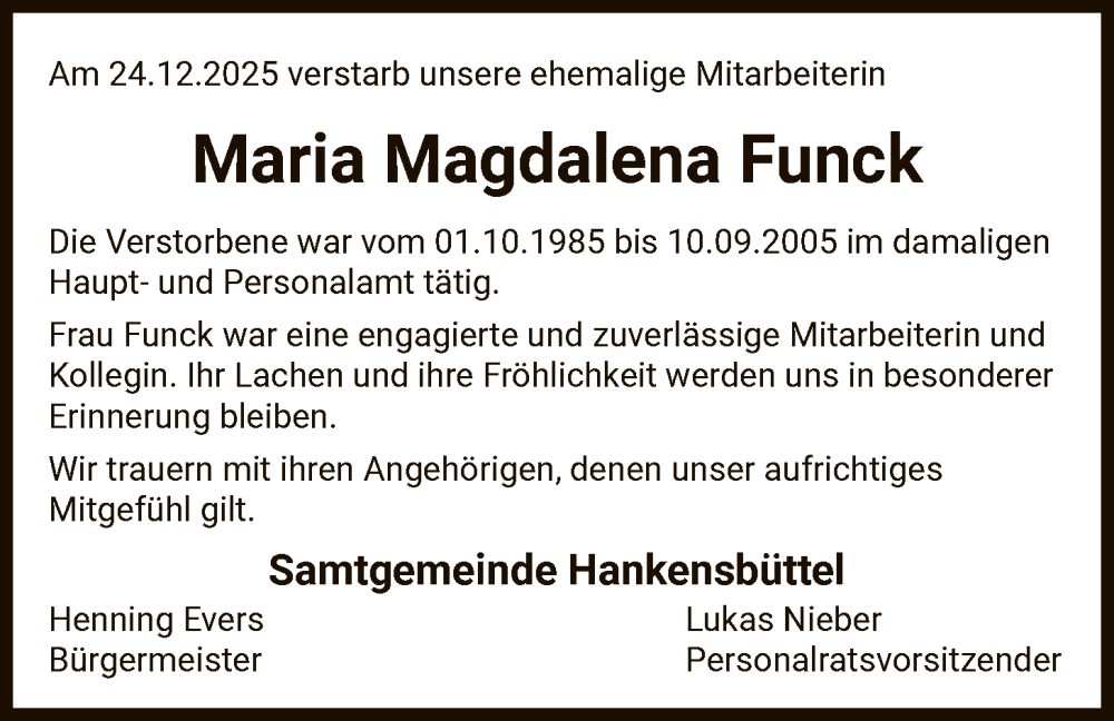  Traueranzeige für Maria Magdalena Funck vom 07.01.2026 aus IK